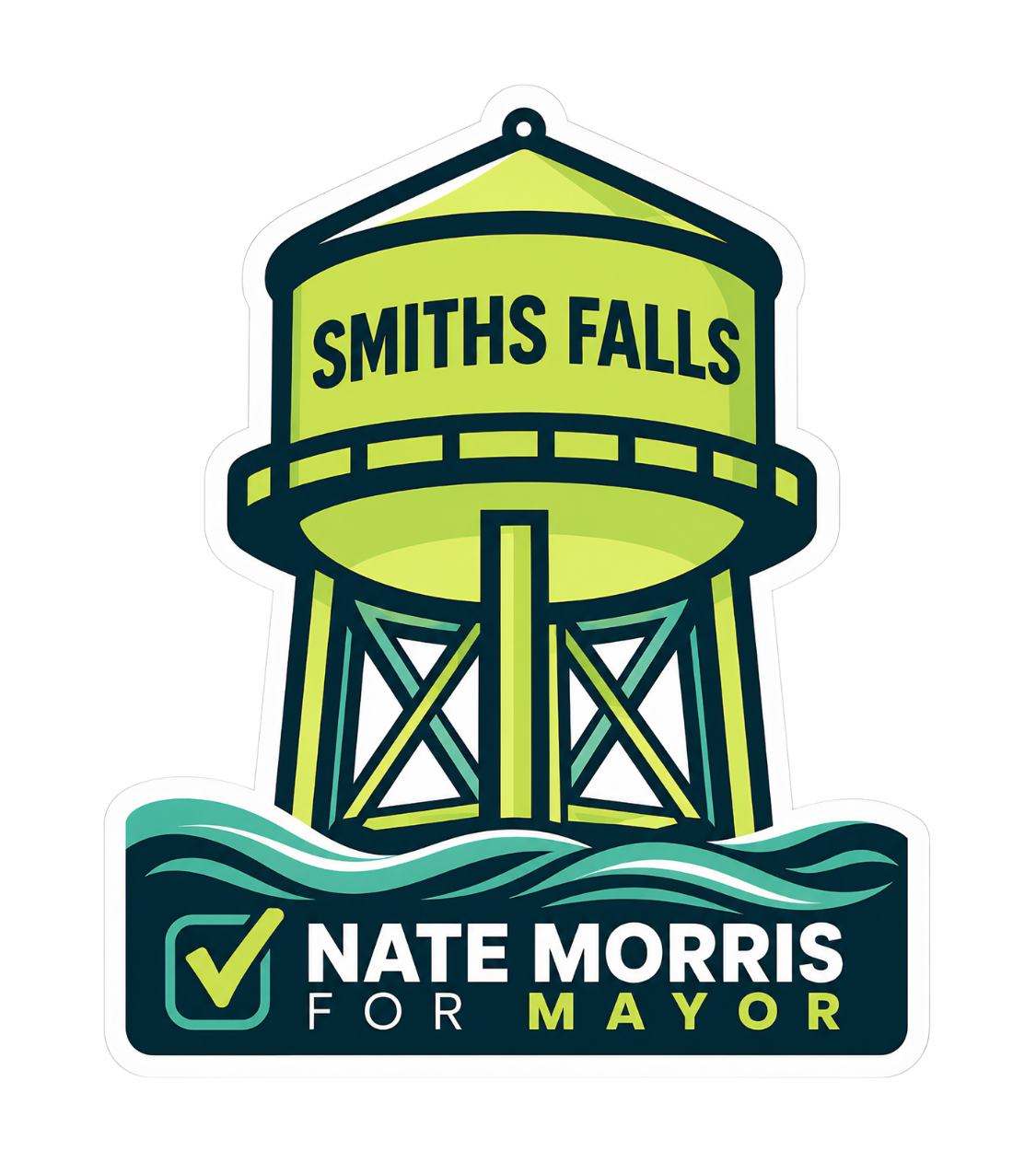 Smiths Falls water tower — Nate Morris for Mayor campaign sticker.
