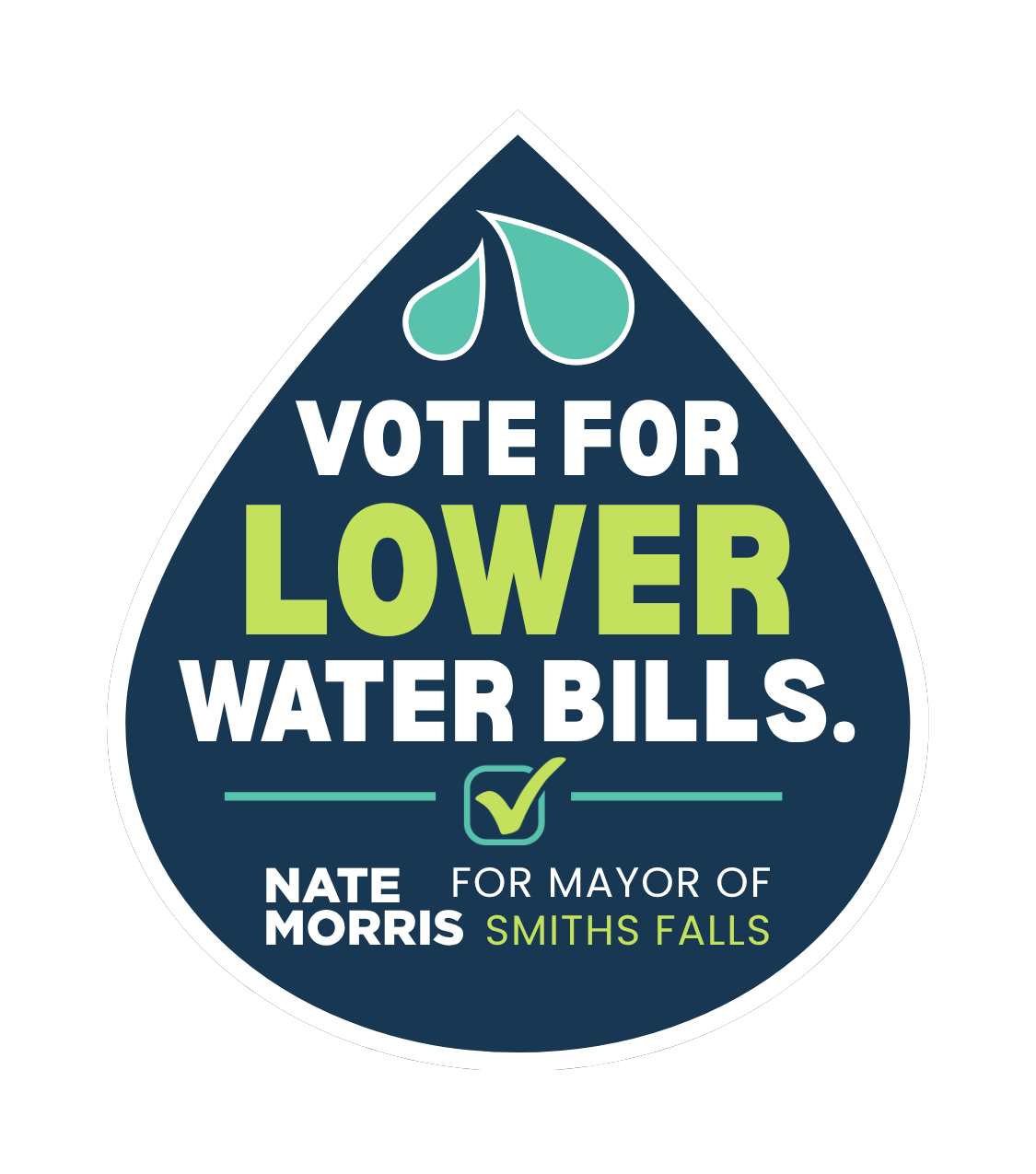 Vote for lower water bills — Nate Morris for Mayor of Smiths Falls campaign sticker.